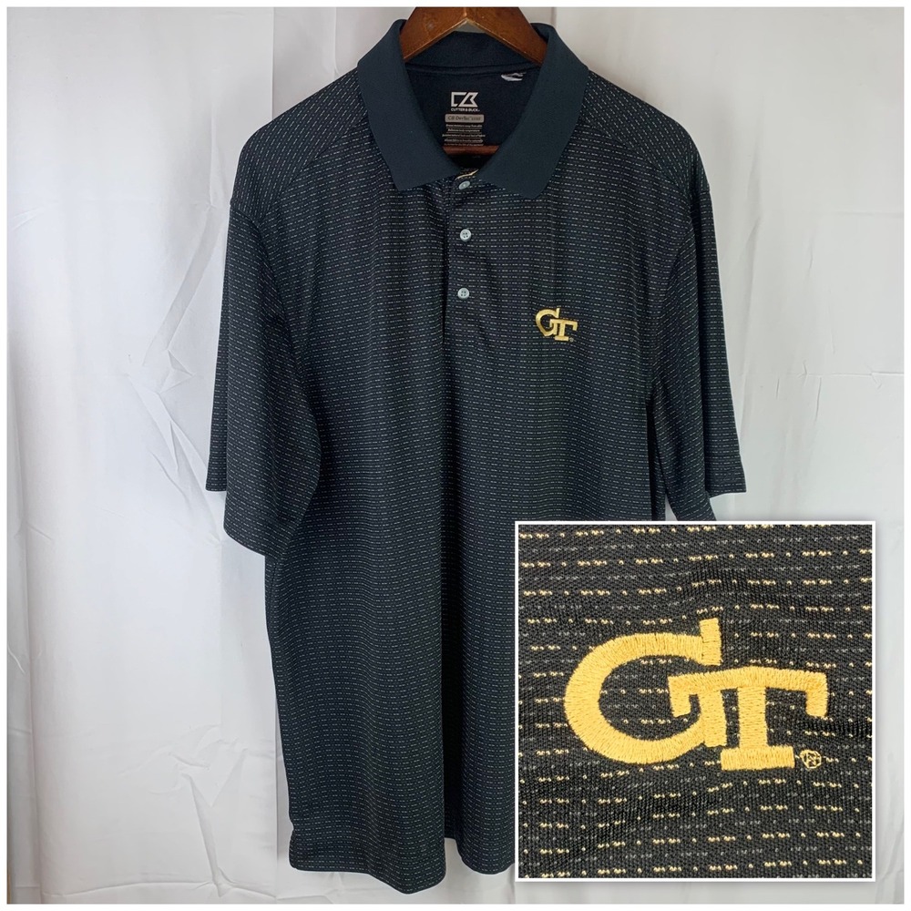 Georgia Tech‎ Cutter & Buck Polo Shirt Mens XL Black Gold GT DryTec Luxe Stripe